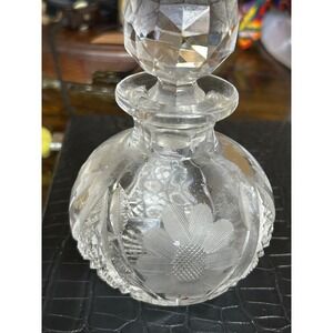 Vintage Cut Glass Perfume Bottle with Etched Floral Daisy and Faceted Stopper